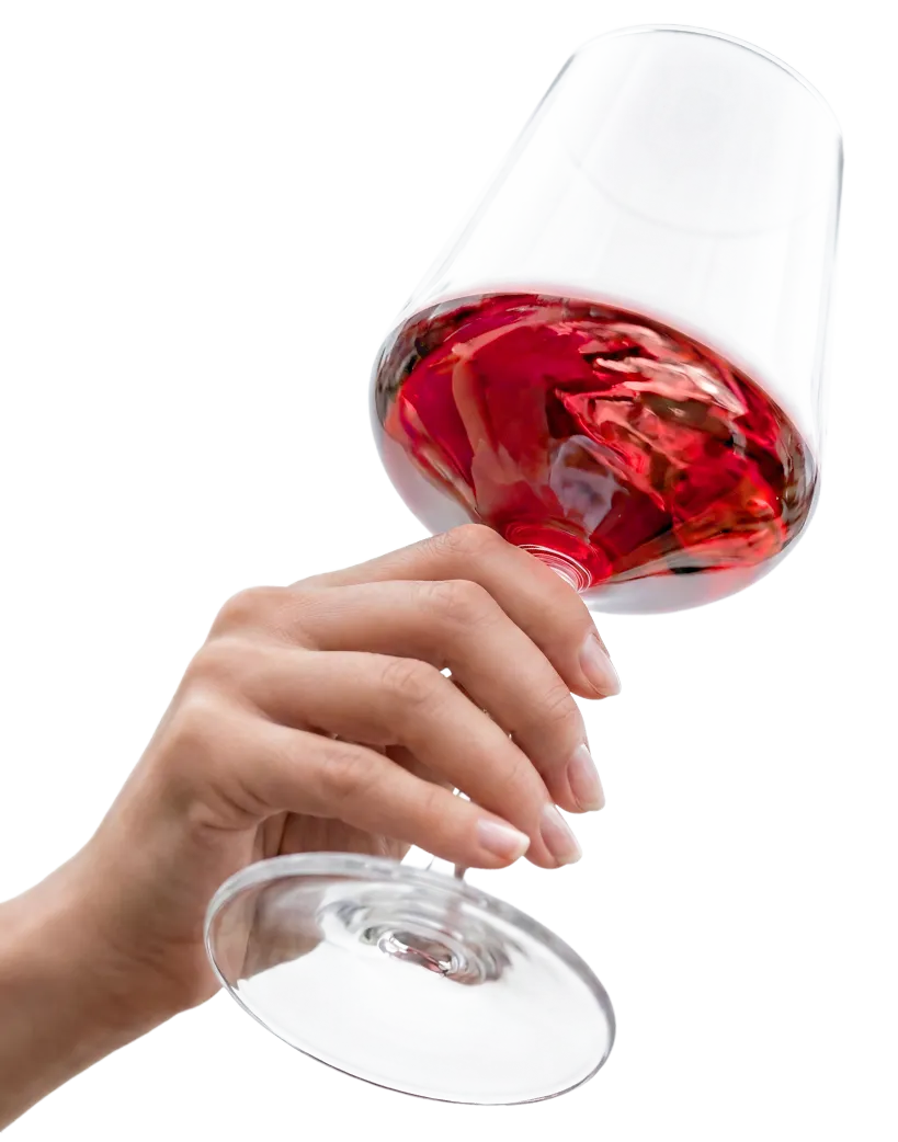 Roka dviguje kozarec z rdečim vinom, ki se vrtinči ob degustaciji